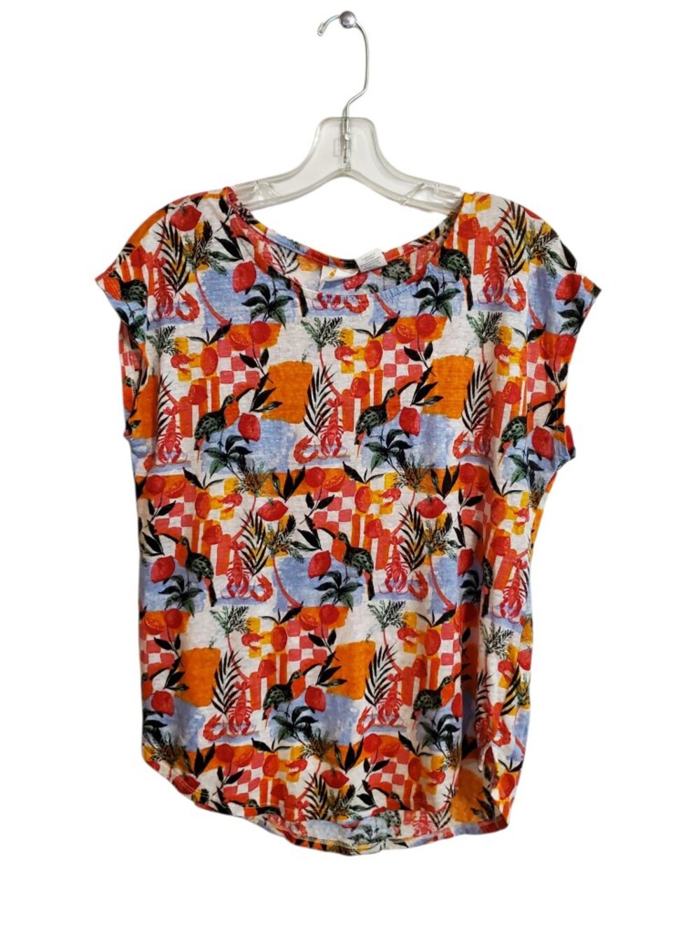 C&C California 100% Linen Colorful Fruit Lobster Bird Pullover Blouse M